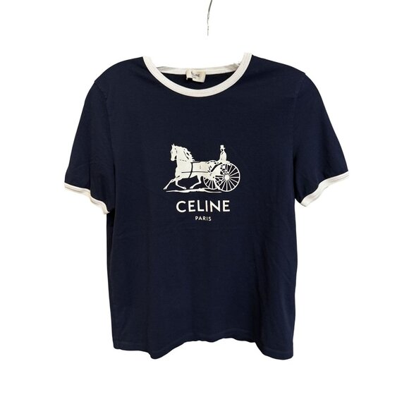 Celine Paris Navy Blue T-Shirt With White Horse & Carriage Graphic Logo Short Sl - Picture 1 of 11